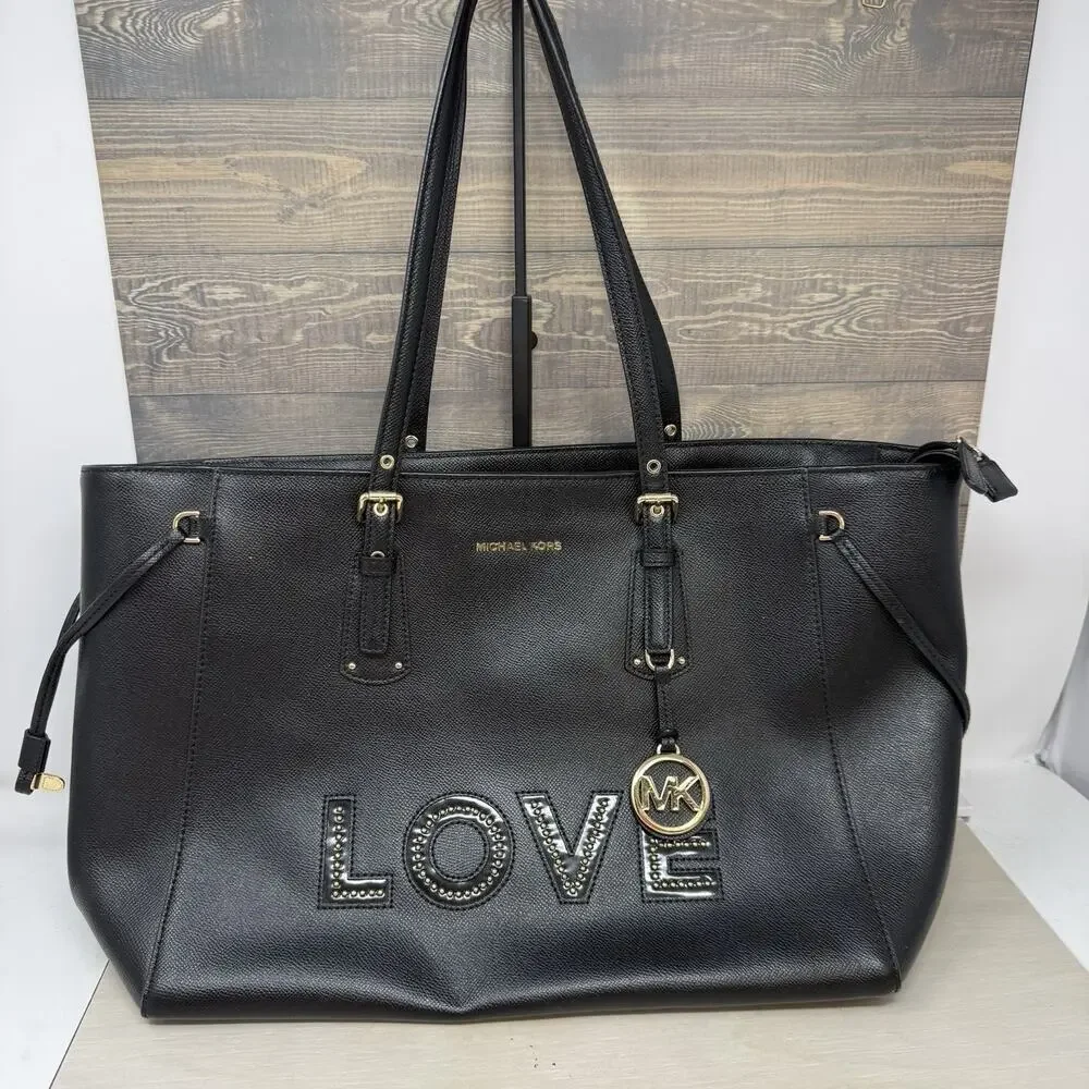 Michael Kors Limited Edition Voyager Pebbled Leather Love Tote Black Bag Purse